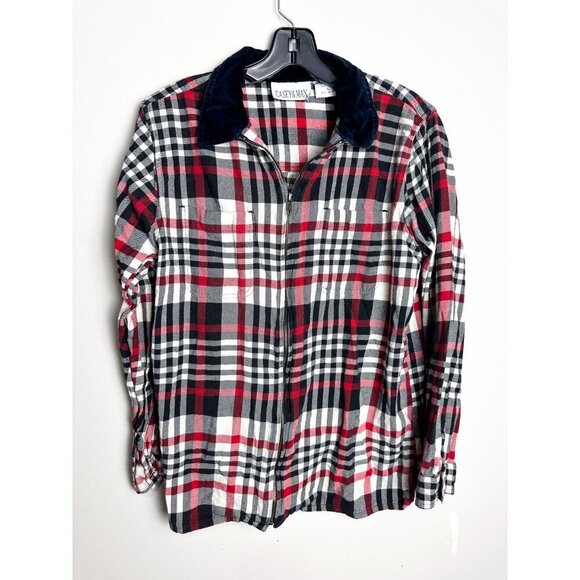 Vintage Plaid Velvet Collar Shacket Womens Full Zip Large Lightweight Jacket - Picture 1 of 5